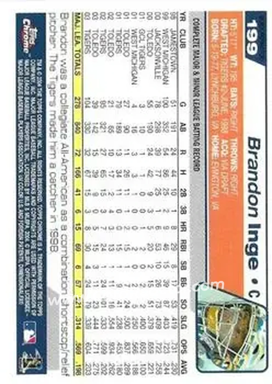 2004 Topps Chrome - Black Refractors #199 - Brandon Inge - Detroit Tigers - Back