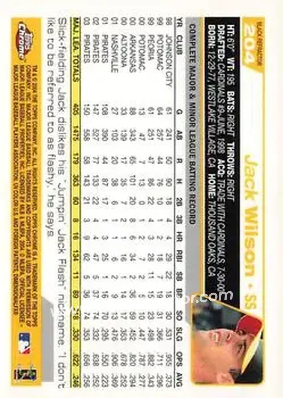 2004 Topps Chrome - Black Refractors #204 - Jack Wilson - Pittsburgh Pirates - Back