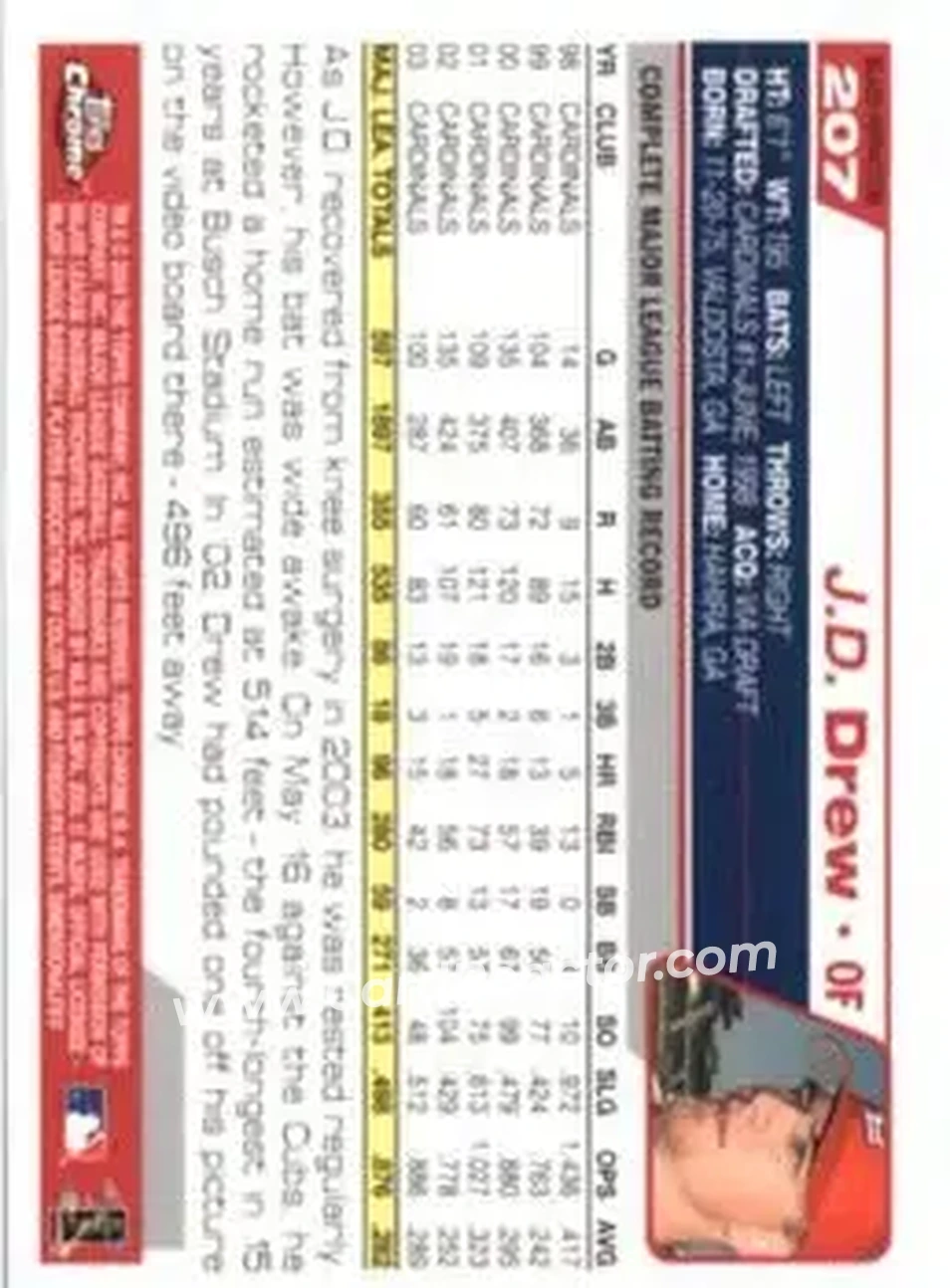 2004 Topps Chrome - Black Refractors #207 - J.D. Drew - St. Louis Cardinals - Back