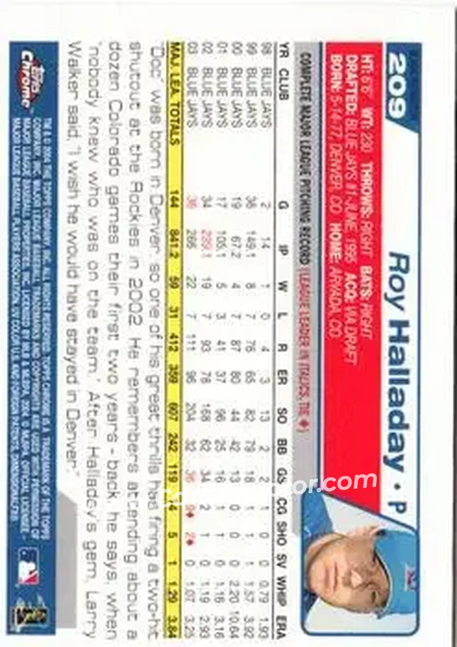 2004 Topps Chrome - Black Refractors #209 - Roy Halladay - Toronto Blue Jays - Back
