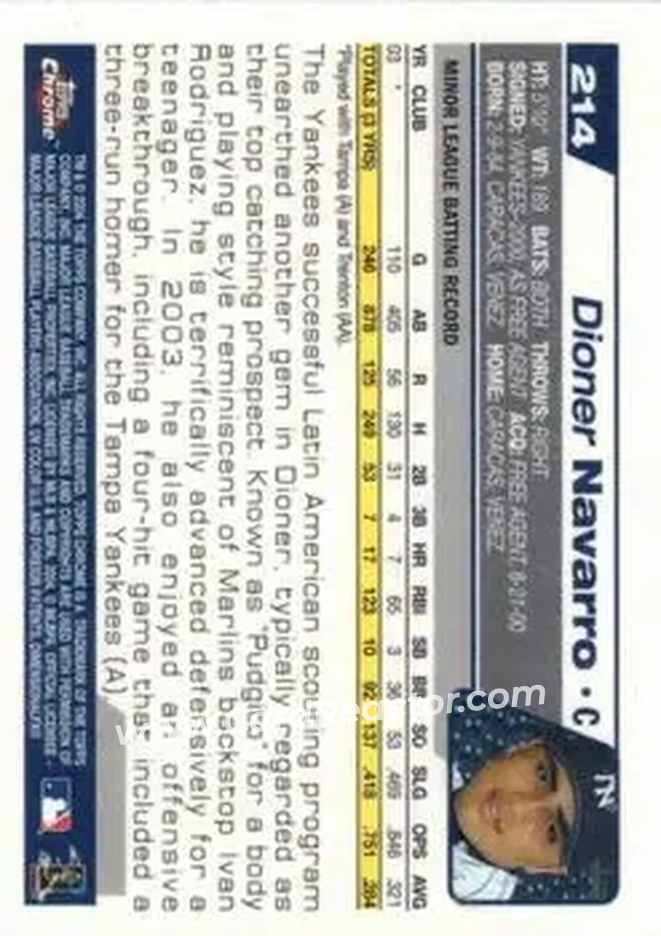2004 Topps Chrome - Black Refractors #214 - Dioner Navarro - New York Yankees - Back