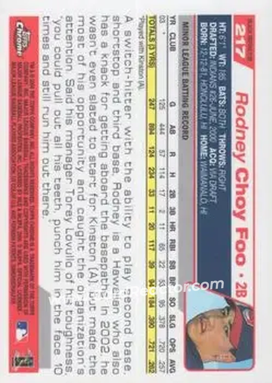 2004 Topps Chrome - Black Refractors #217 - Rodney Choy Foo - Cleveland Indians - Back