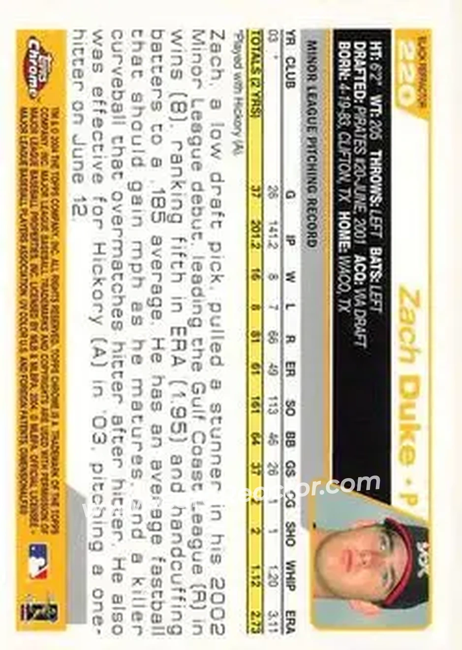 2004 Topps Chrome - Black Refractors #220 - Zach Duke - Pittsburgh Pirates - Back