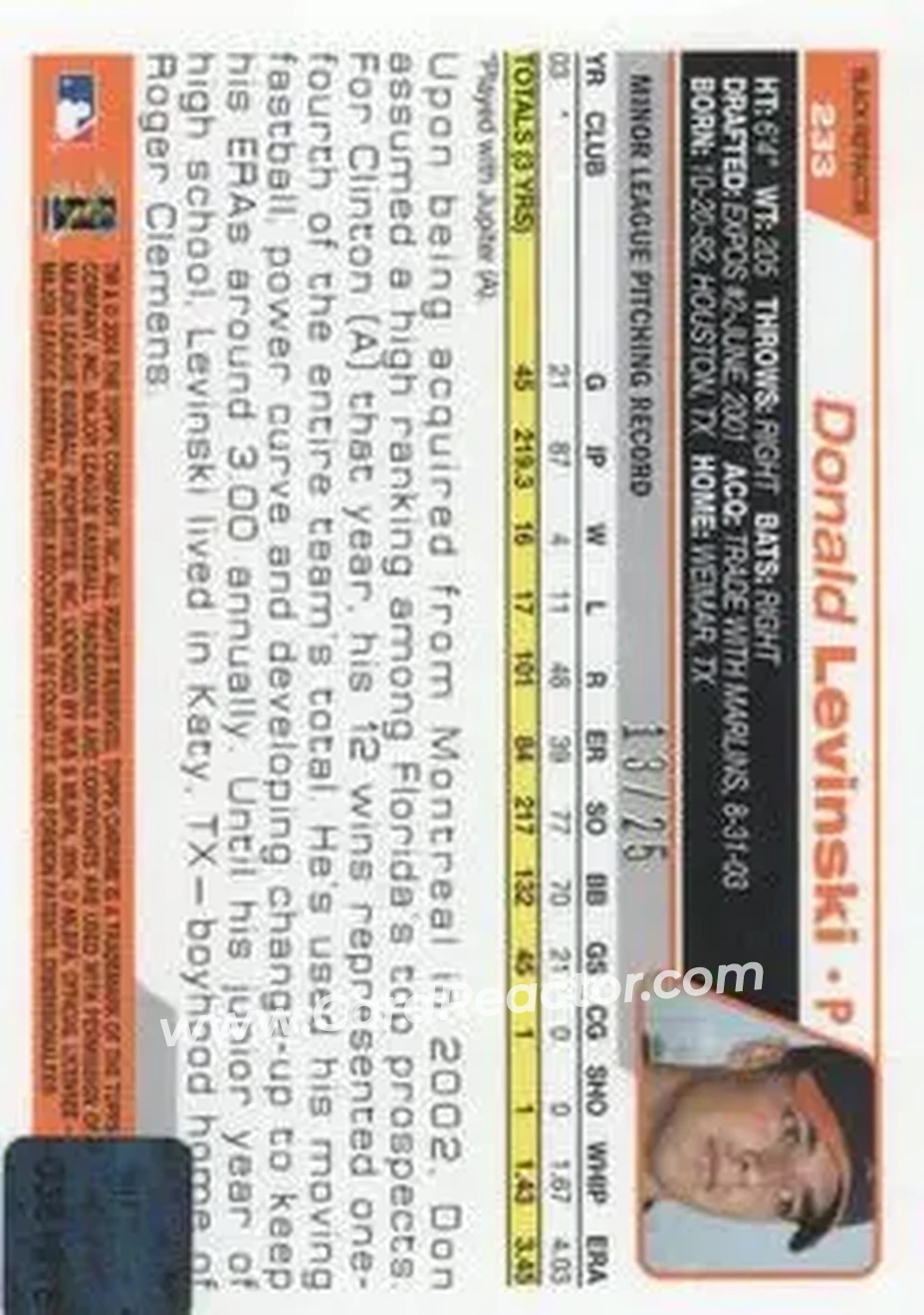 2004 Topps Chrome - Black Refractors #233 - Donald Levinski - Baltimore Orioles - Back