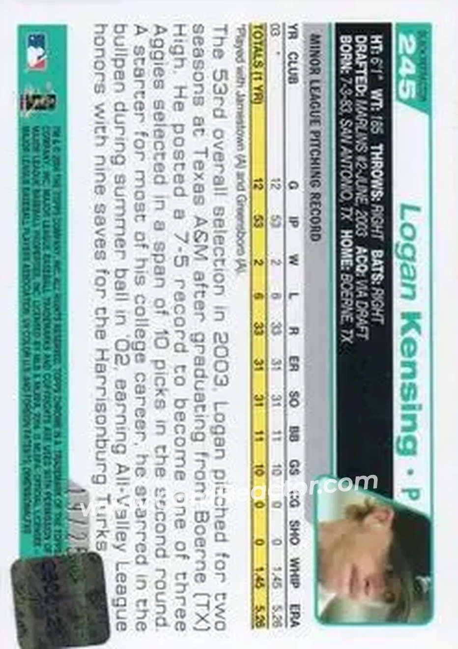 2004 Topps Chrome - Black Refractors #245 - Logan Kensing - Florida Marlins - Back