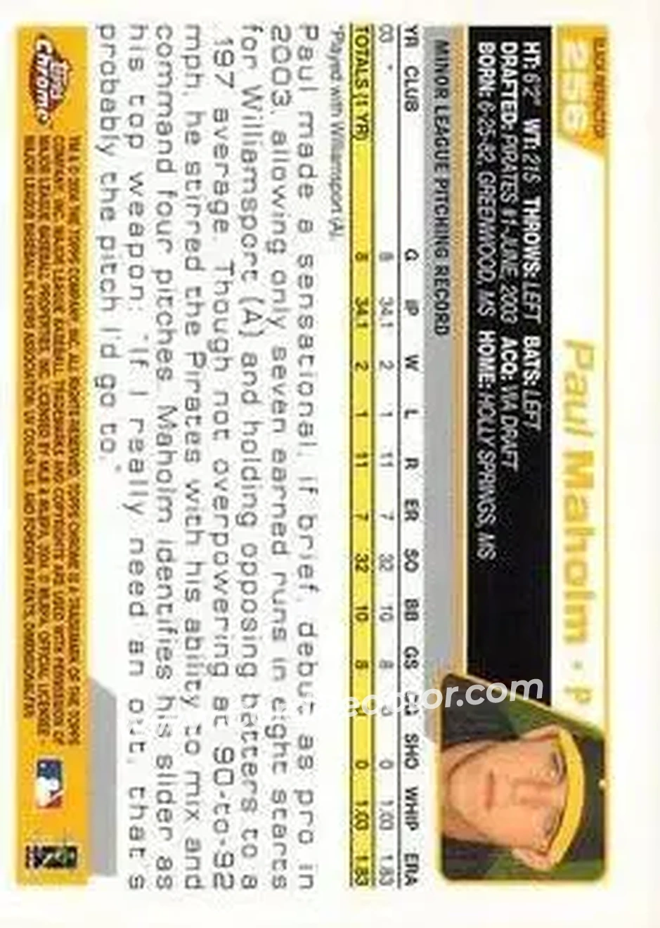 2004 Topps Chrome - Black Refractors #256 - Paul Maholm - Pittsburgh Pirates - Back