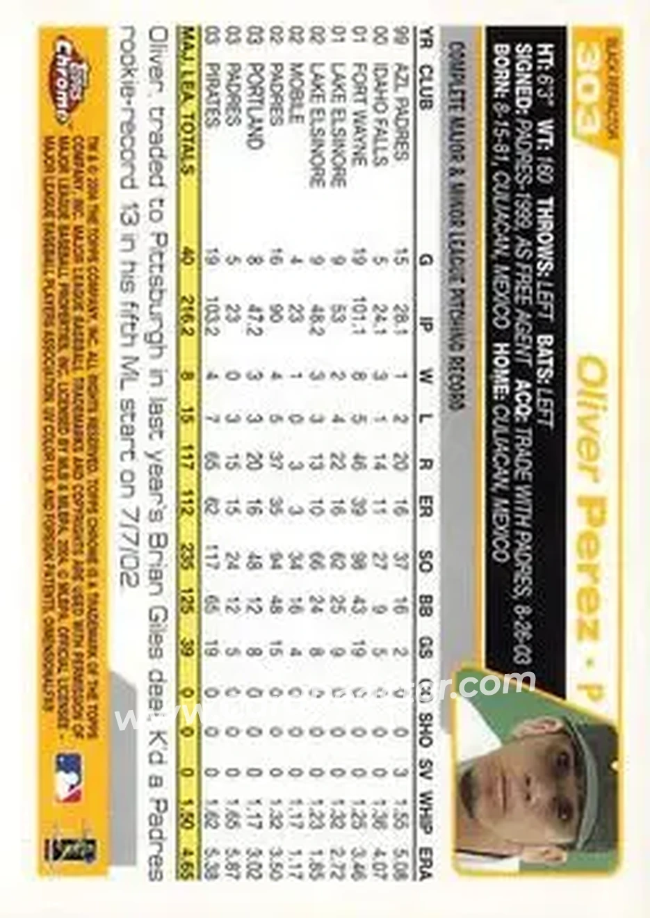 2004 Topps Chrome - Black Refractors #303 - Oliver Perez - Pittsburgh Pirates - Back 2004 Topps Chrome - Black Refractors #303 - Oliver Perez - Pittsburgh Pirates - Back