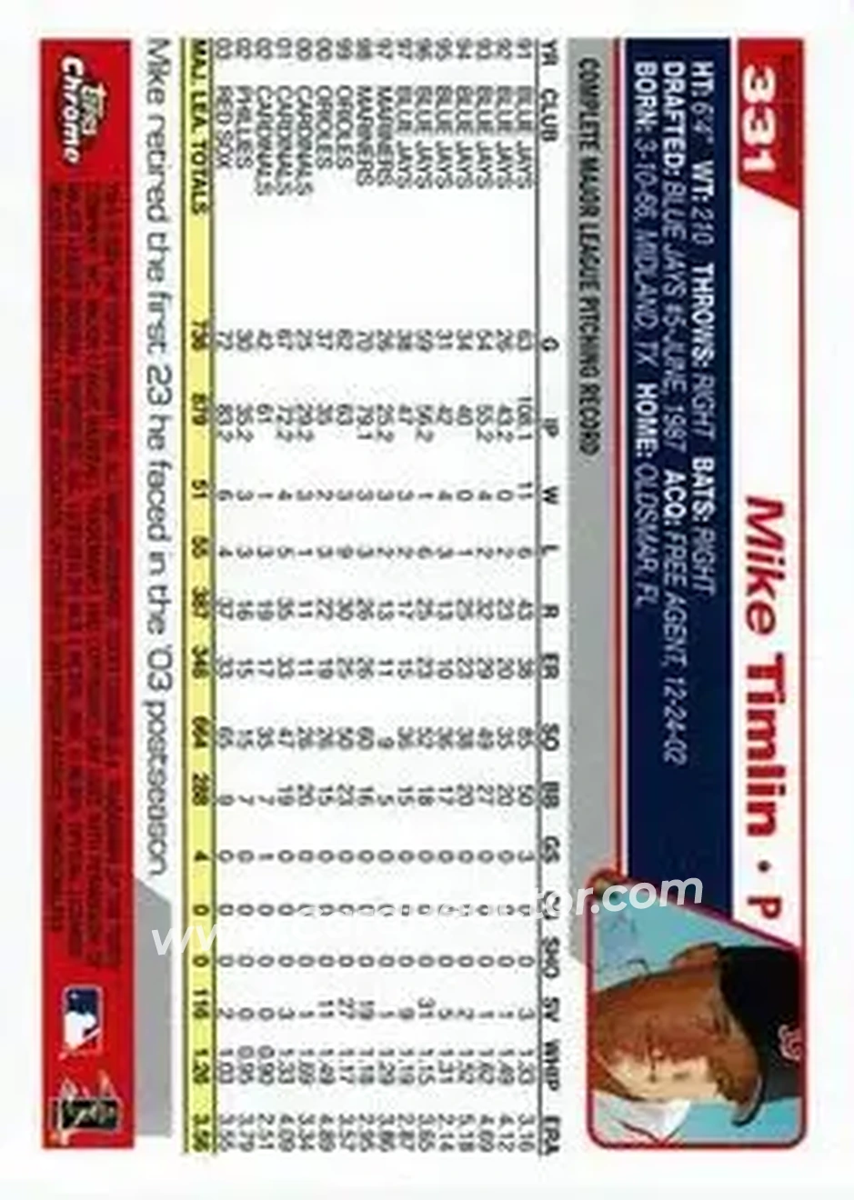 2004 Topps Chrome - Black Refractors #331 - Mike Timlin - Boston Red Sox - Back