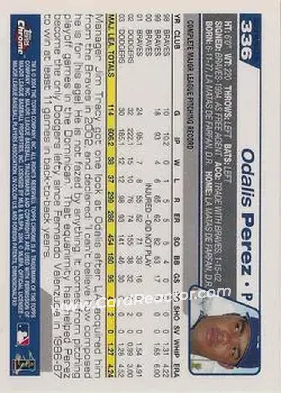 2004 Topps Chrome - Black Refractors #336 - Odalis Perez - Los Angeles Dodgers - Back