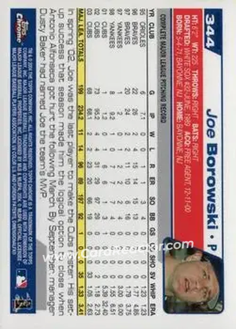 2004 Topps Chrome - Black Refractors #344 - Joe Borowski - Chicago Cubs - Back