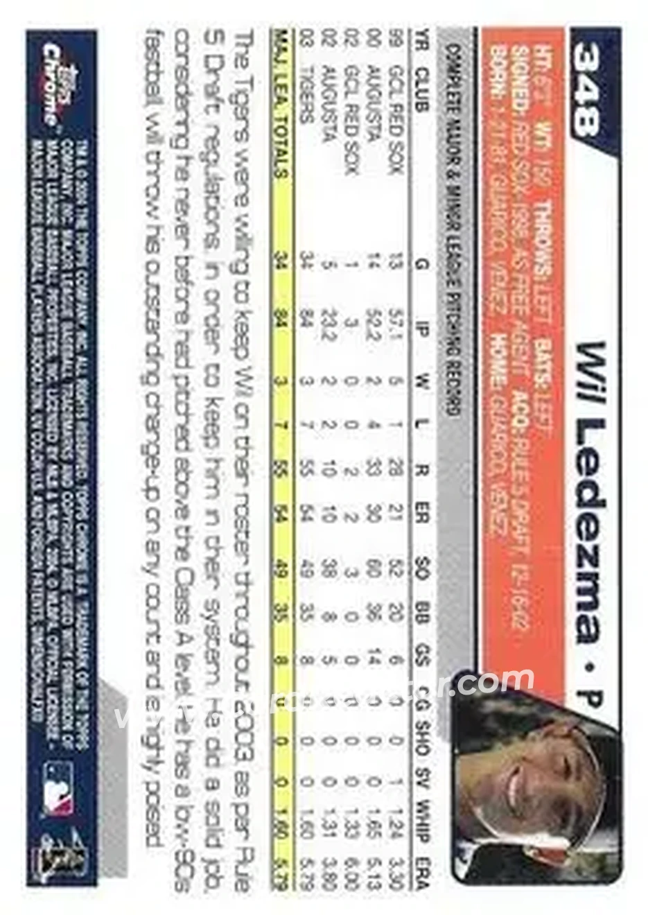 2004 Topps Chrome - Black Refractors #348 - Wilfredo Ledezma - Detroit Tigers - Back