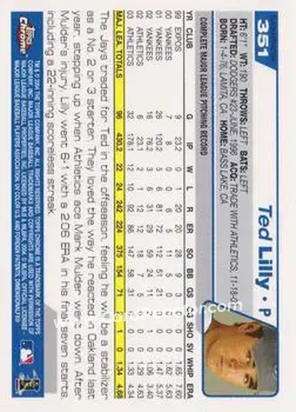 2004 Topps Chrome - Black Refractors #351 - Ted Lilly - Toronto Blue Jays - Back