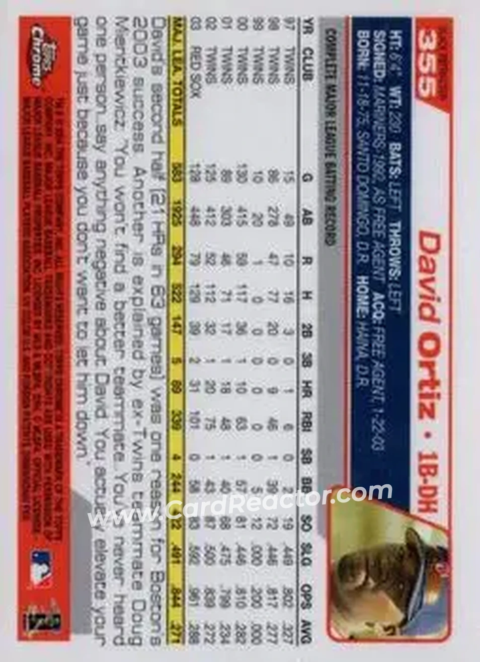2004 Topps Chrome - Black Refractors #355 - David Ortiz - Boston Red Sox - Back