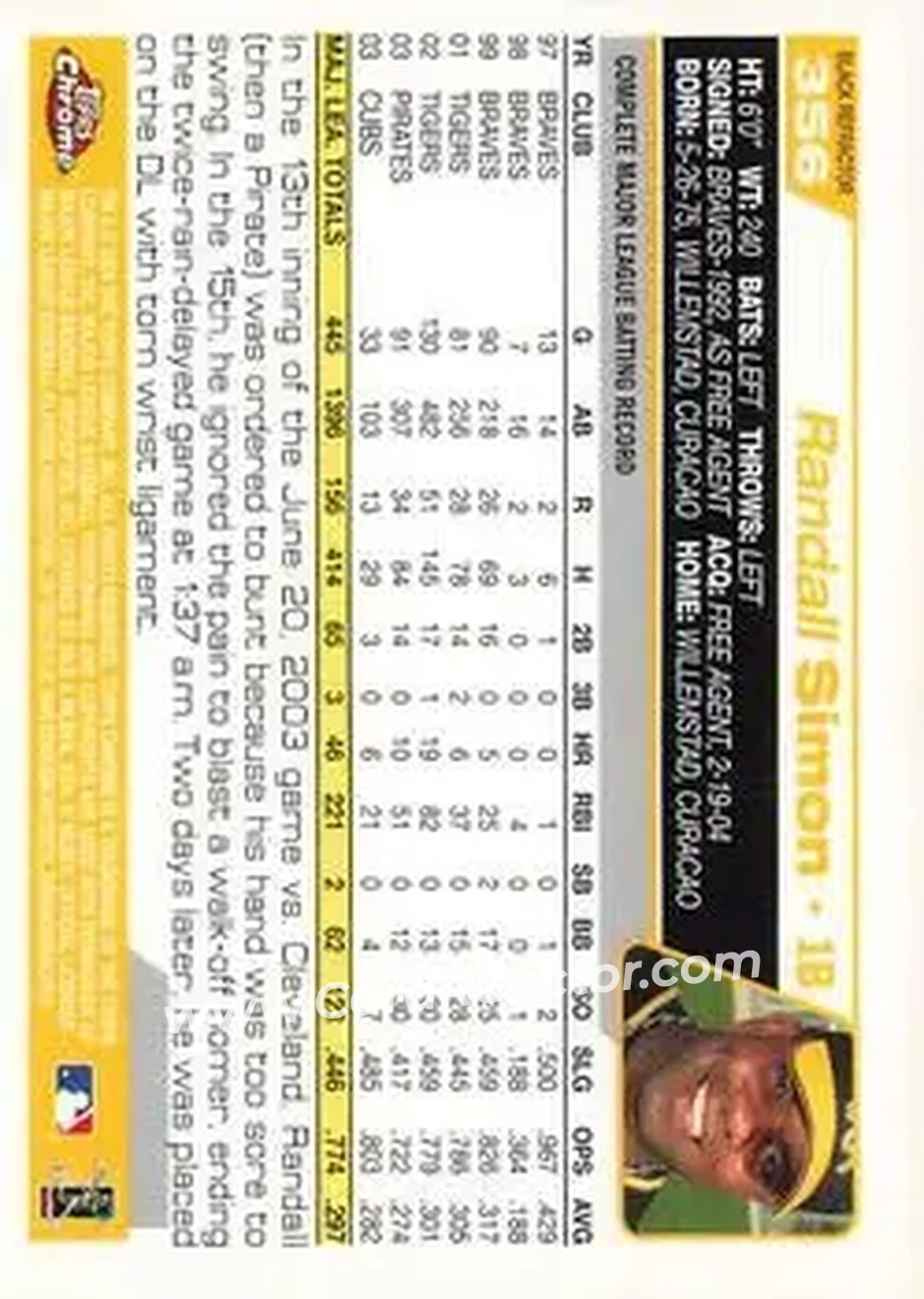 2004 Topps Chrome - Black Refractors #356 - Randall Simon - Pittsburgh Pirates - Back