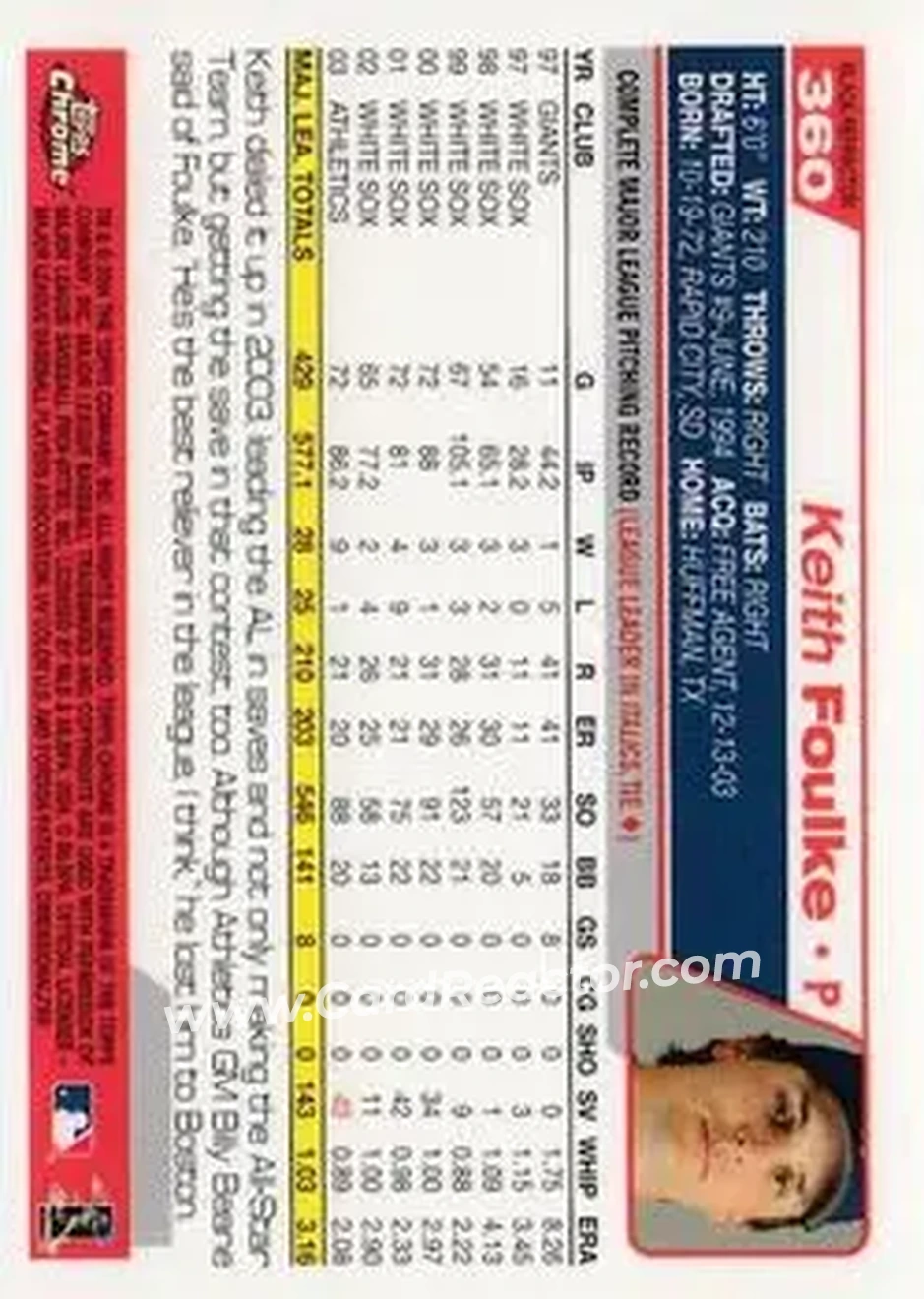 2004 Topps Chrome - Black Refractors #360 - Keith Foulke - Boston Red Sox - Back