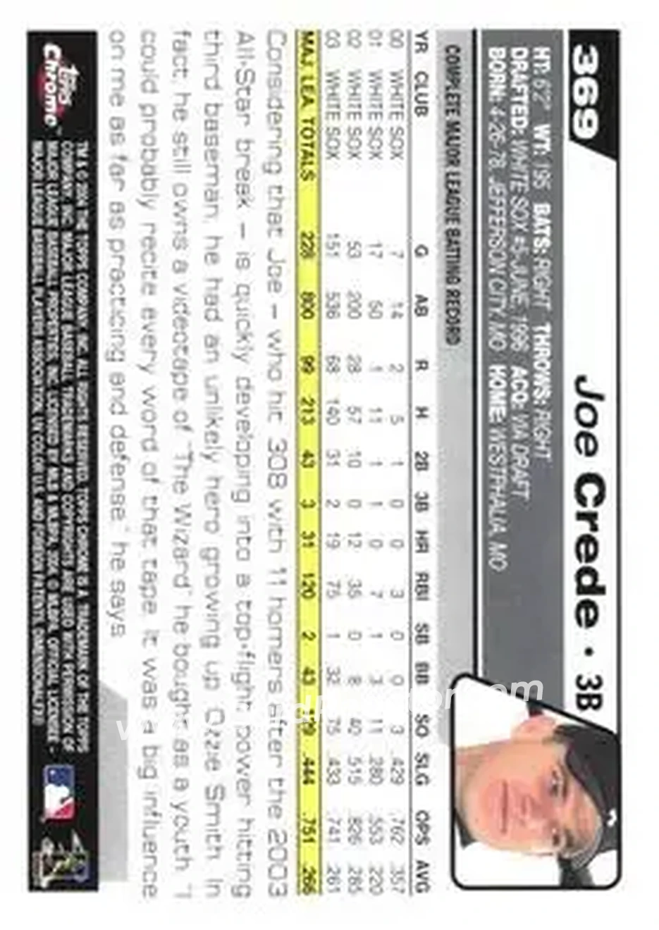 2004 Topps Chrome - Black Refractors #369 - Joe Crede - Chicago White Sox - Back