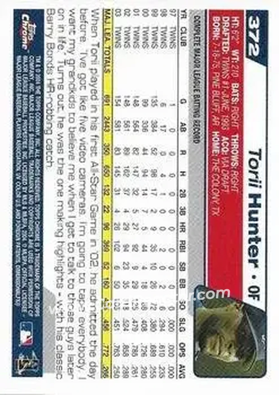 2004 Topps Chrome - Black Refractors #372 - Torii Hunter - Minnesota Twins - Back
