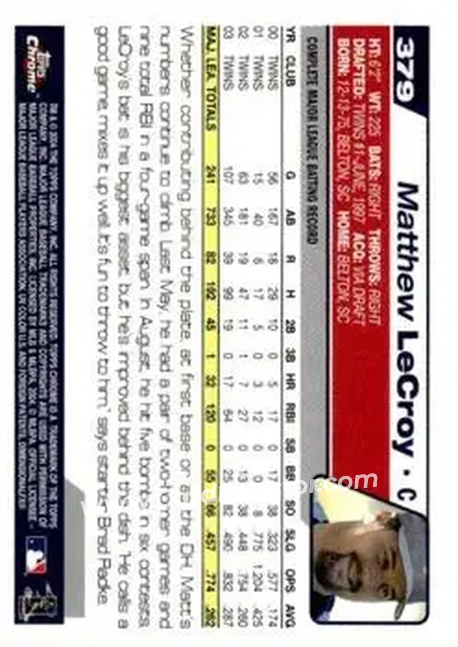 2004 Topps Chrome - Black Refractors #379 - Matt LeCroy - Minnesota Twins - Back