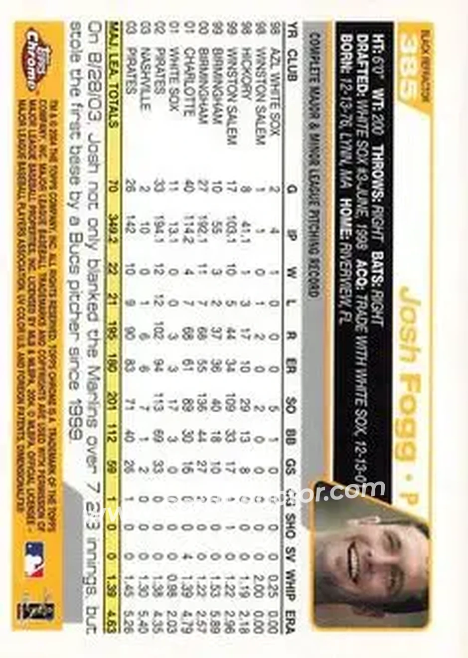 2004 Topps Chrome - Black Refractors #385 - Josh Fogg - Pittsburgh Pirates - Back