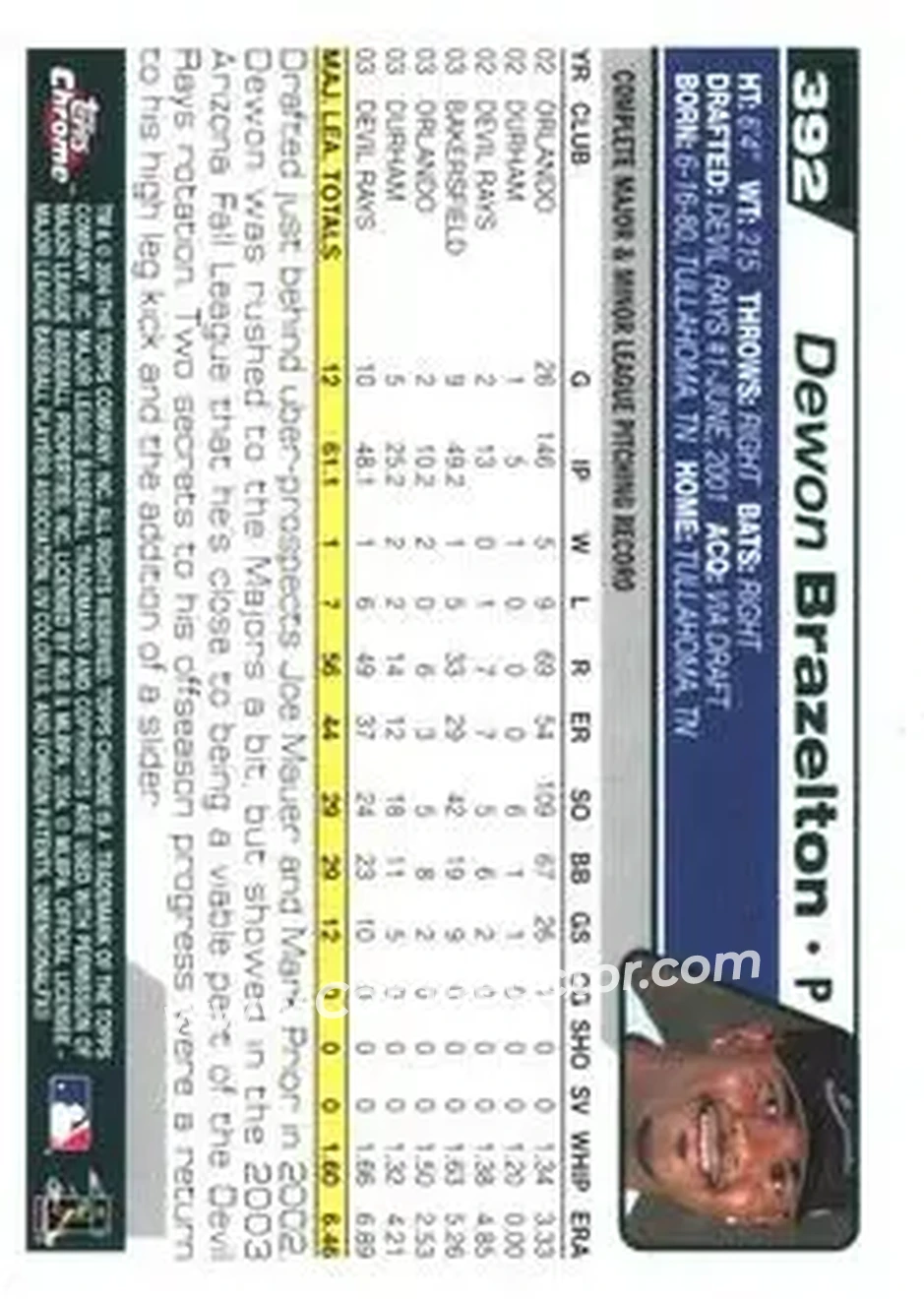 2004 Topps Chrome - Black Refractors #392 - Dewon Brazelton - Tampa Bay Devil Rays - Back