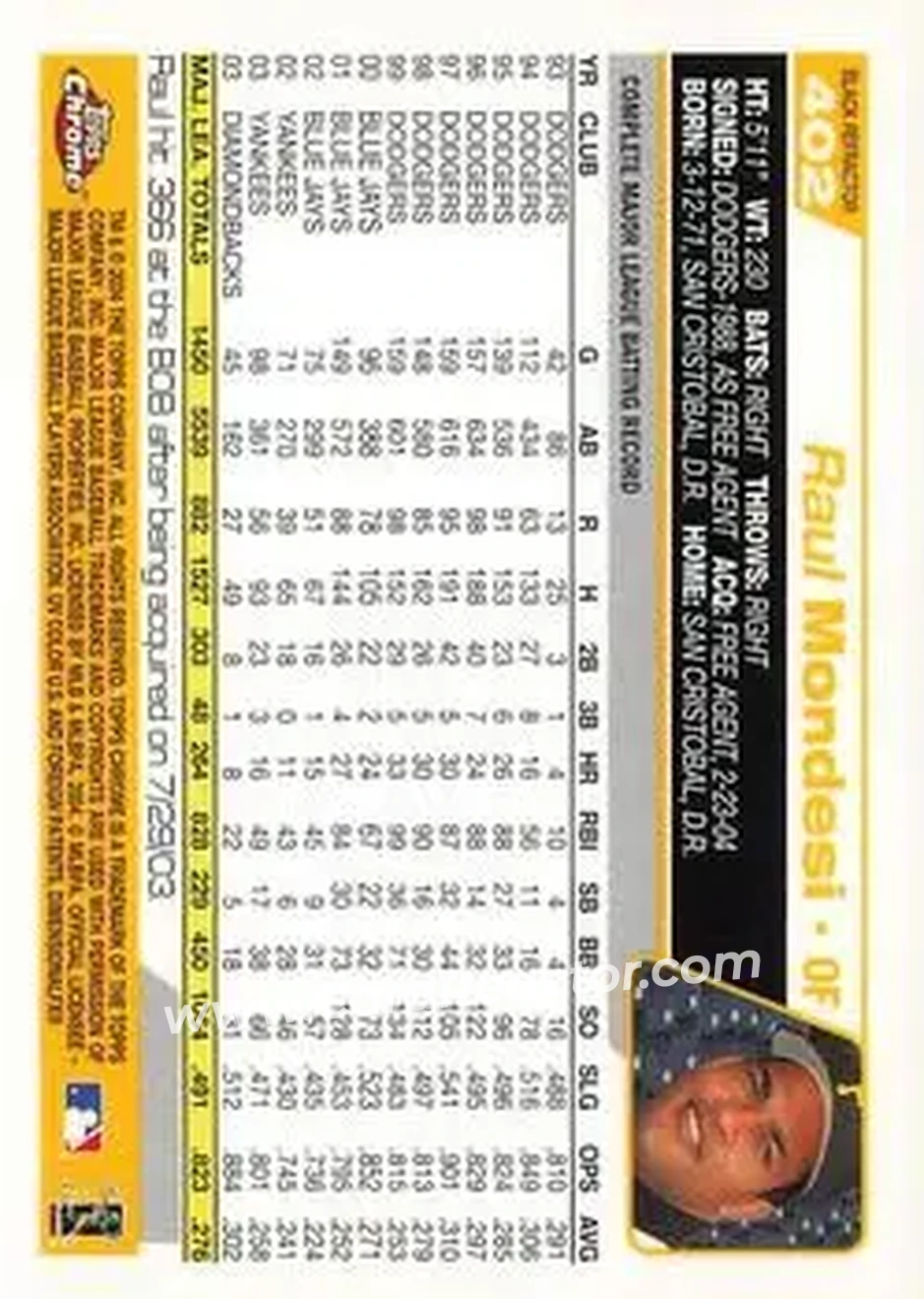 2004 Topps Chrome - Black Refractors #402 - Raul Mondesi - Pittsburgh Pirates - Back