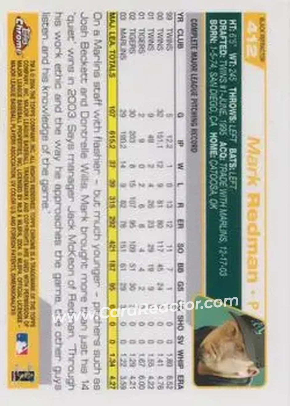 2004 Topps Chrome - Black Refractors #412 - Mark Redman - Oakland Athletics - Back