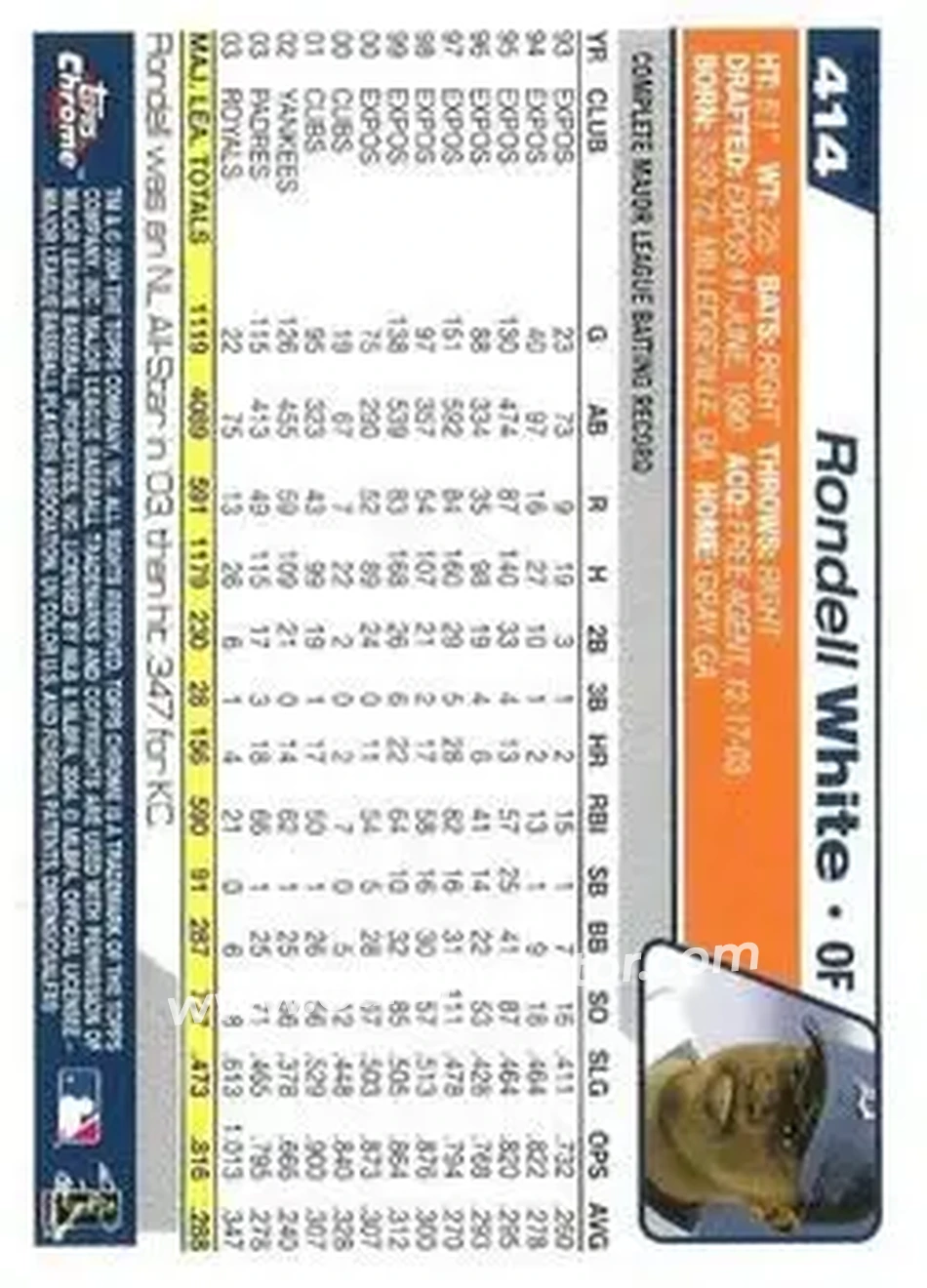 2004 Topps Chrome - Black Refractors #414 - Rondell White - Detroit Tigers - Back