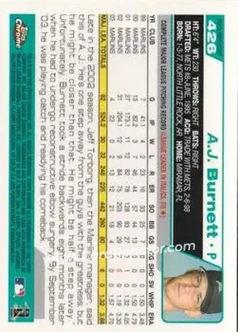 2004 Topps Chrome - Black Refractors #426 - A.J. Burnett - Florida Marlins - Back