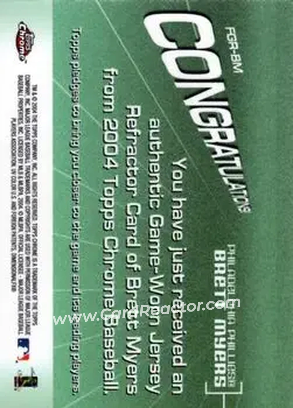 2004 Topps Chrome - Fashionably Great Relics #FGR-BM - Brett Myers - Philadelphia Phillies - Back