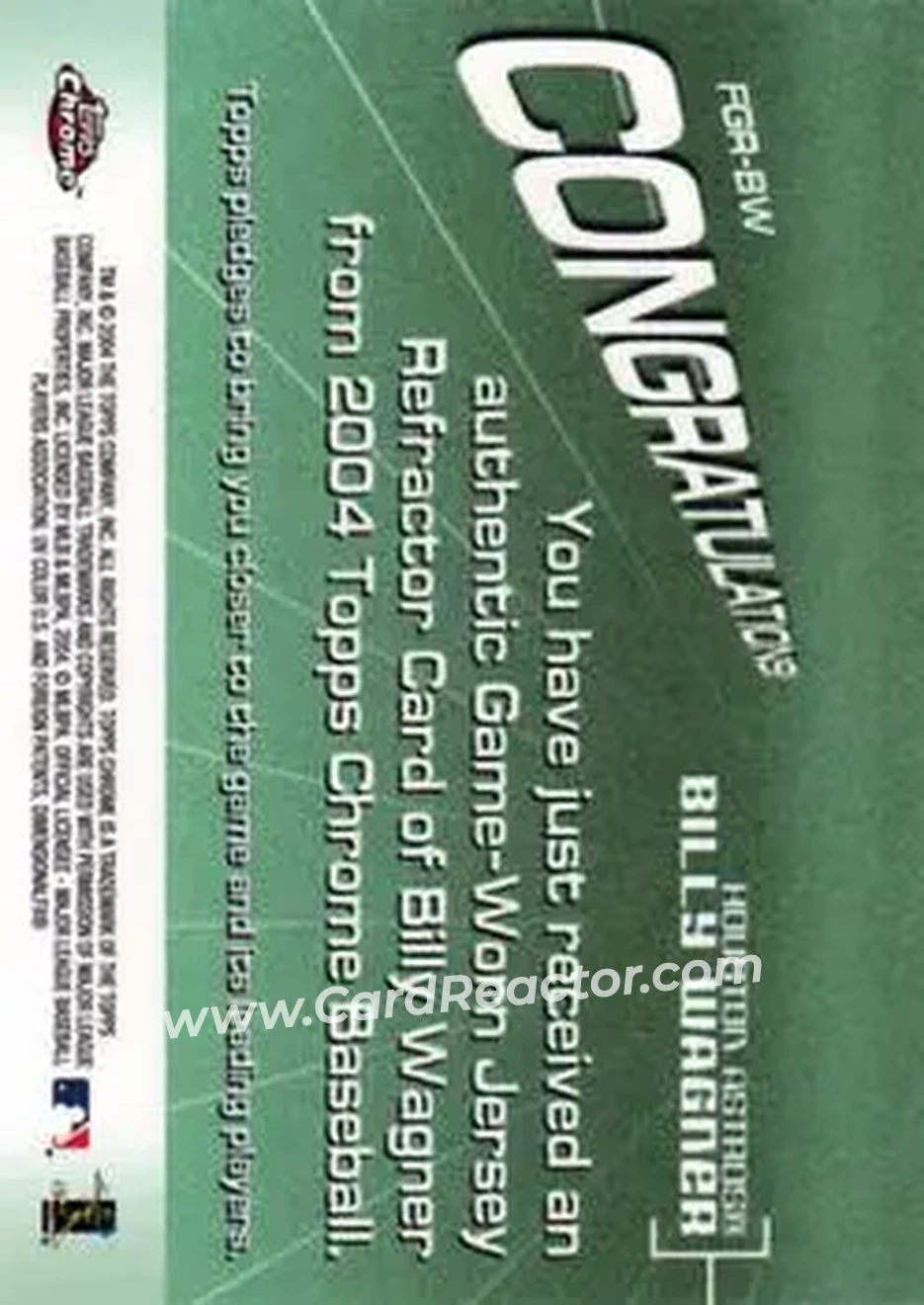 2004 Topps Chrome - Fashionably Great Relics #FGR-BW - Billy Wagner - Houston Astros - Back