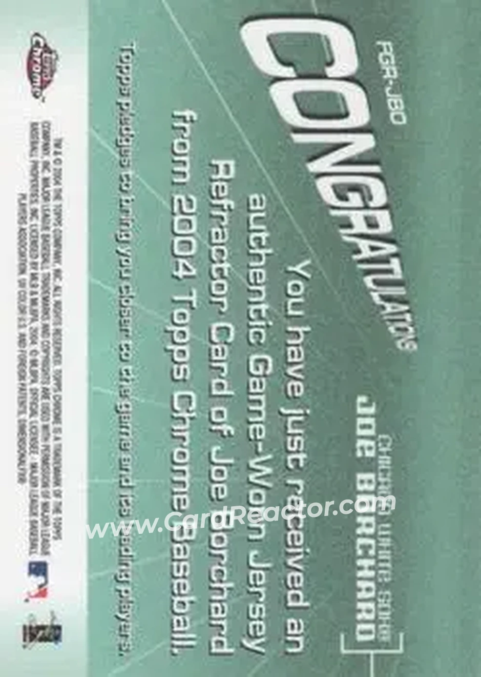 2004 Topps Chrome - Fashionably Great Relics #FGR-JBO - Joe Borchard - Chicago White Sox - Back
