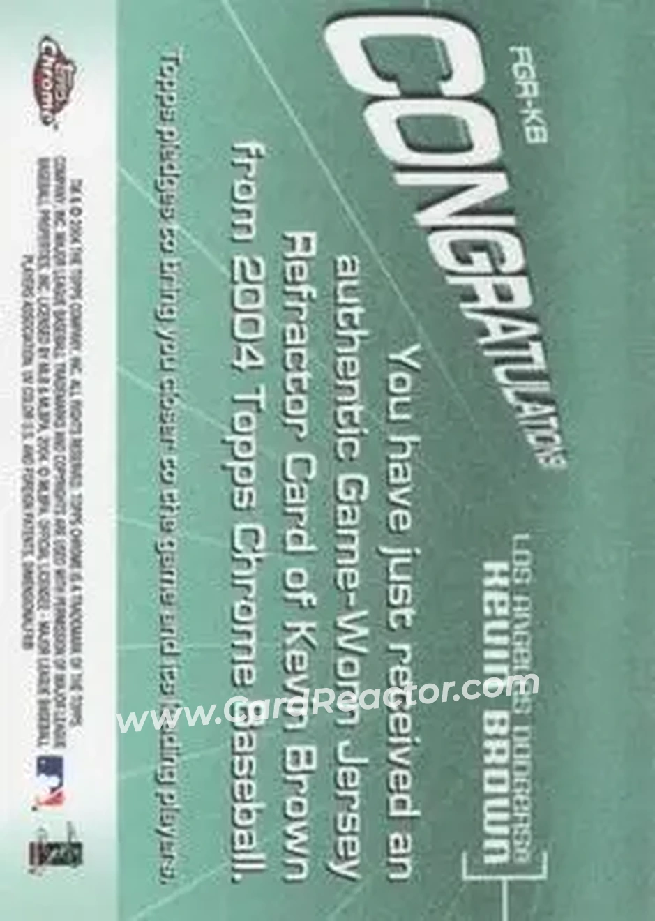2004 Topps Chrome - Fashionably Great Relics #FGR-KB - Kevin Brown - Los Angeles Dodgers - Back