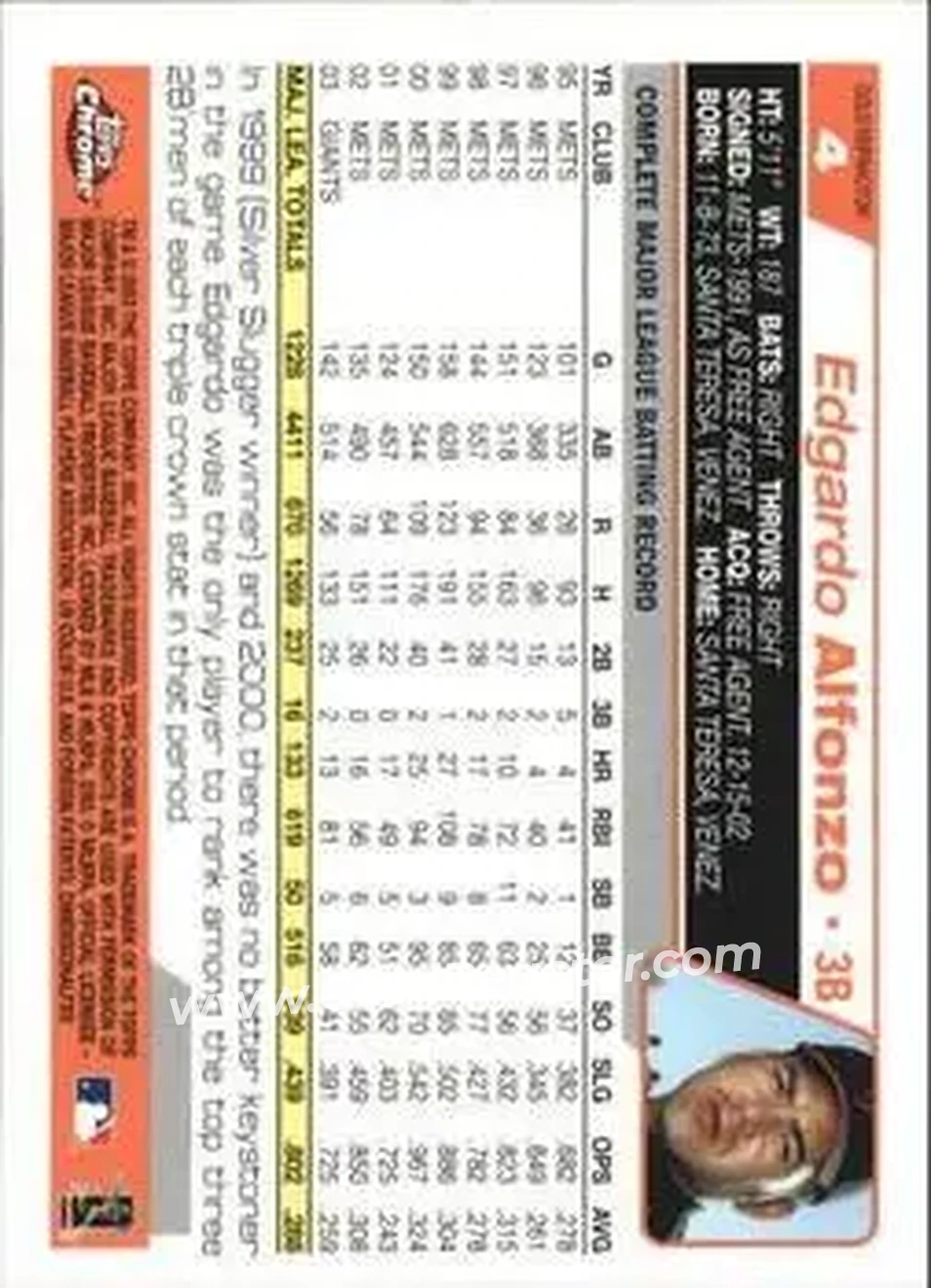 2004 Topps Chrome - Gold Refractors #4 - Edgardo Alfonzo - San Francisco Giants - Back