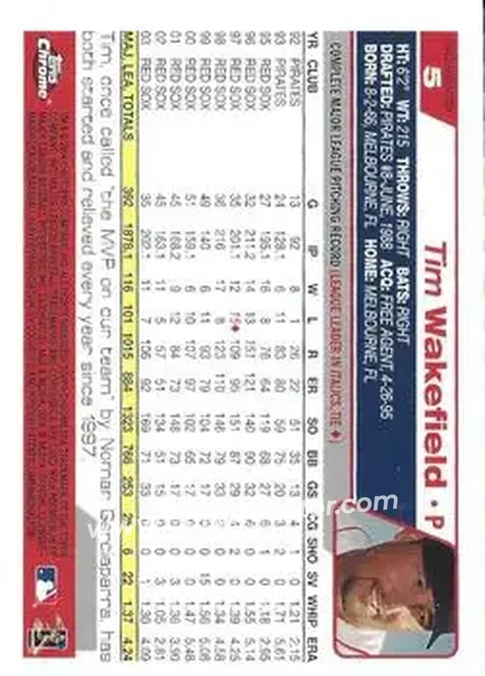 2004 Topps Chrome - Gold Refractors #5 - Tim Wakefield - Boston Red Sox - Back