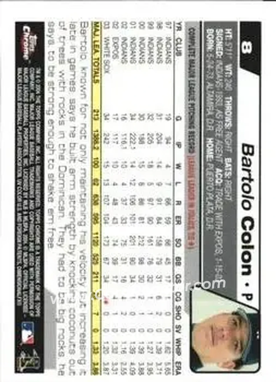 2004 Topps Chrome - Gold Refractors #8 - Bartolo Colon - Chicago White Sox - Back