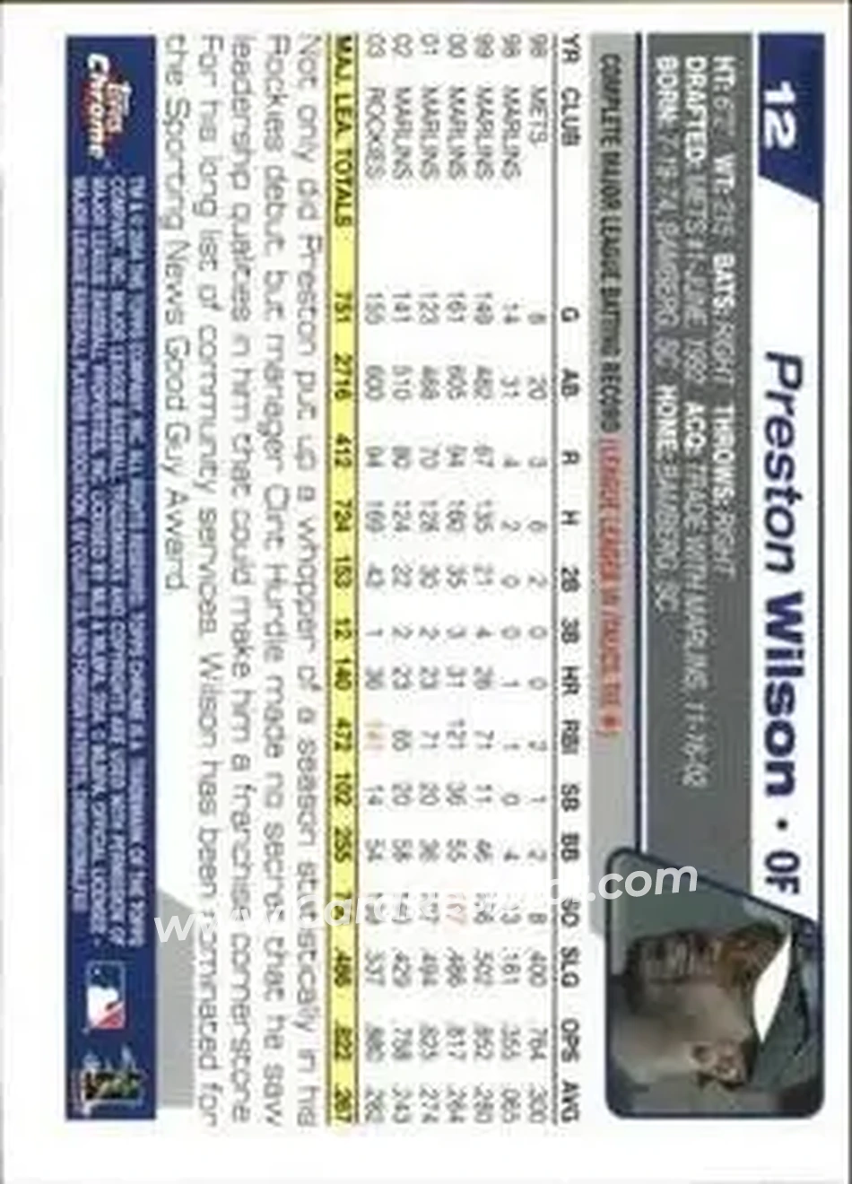 2004 Topps Chrome - Gold Refractors #12 - Preston Wilson - Colorado Rockies - Back