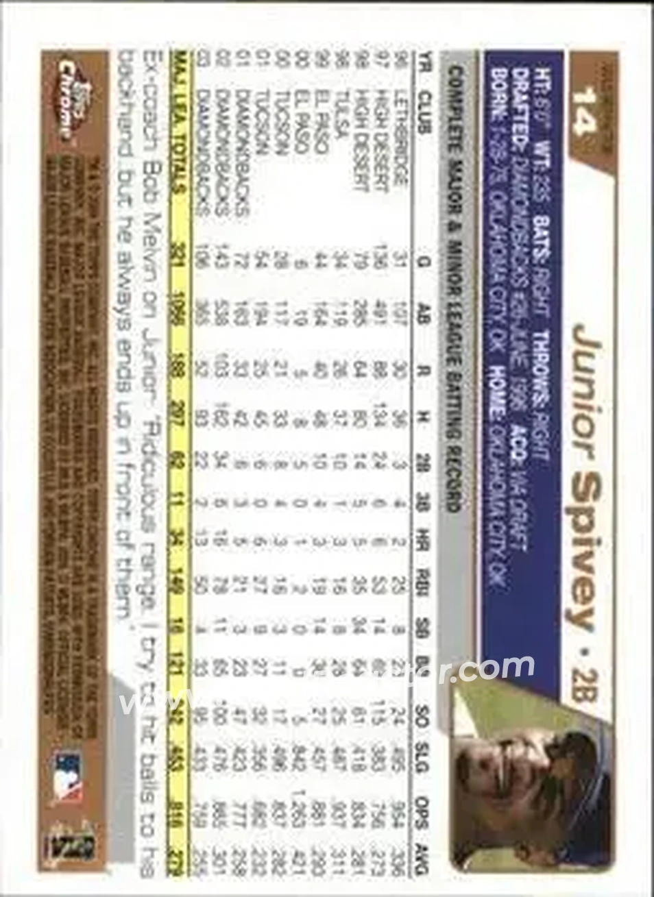 2004 Topps Chrome - Gold Refractors #14 - Junior Spivey - Arizona Diamondbacks - Back