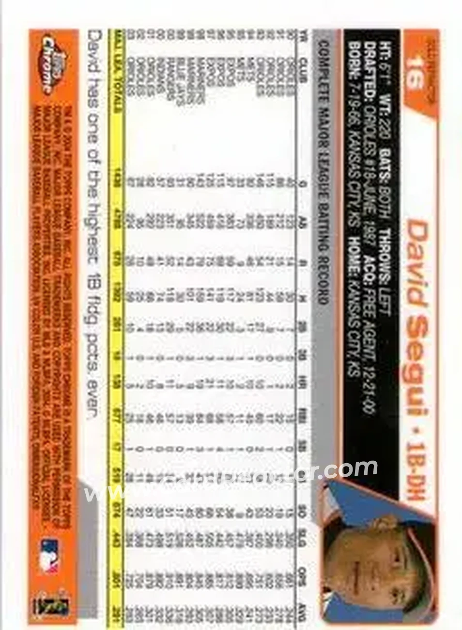 2004 Topps Chrome - Gold Refractors #16 - David Segui - Baltimore Orioles - Back