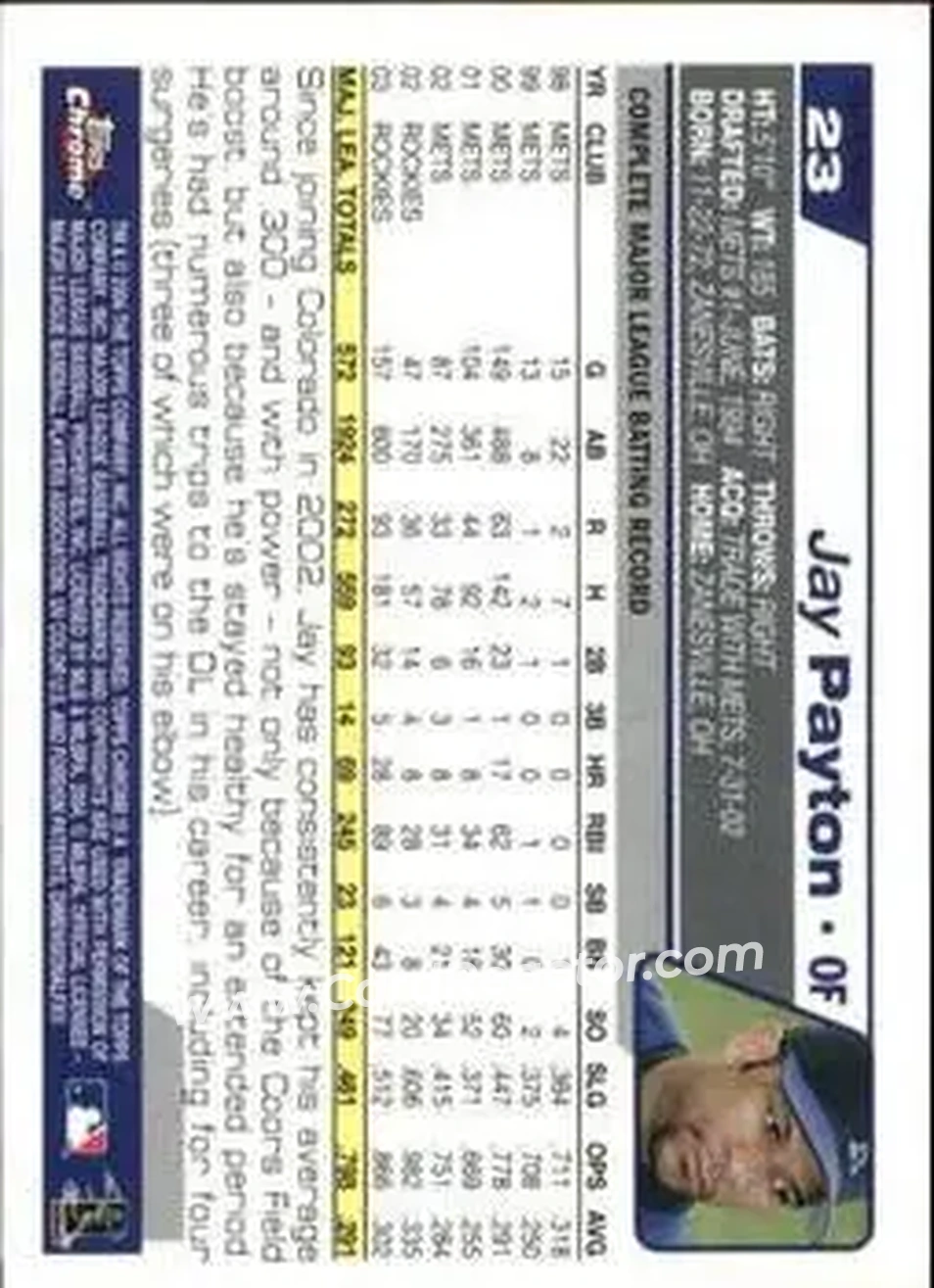 2004 Topps Chrome - Gold Refractors #23 - Jay Payton - Colorado Rockies - Back