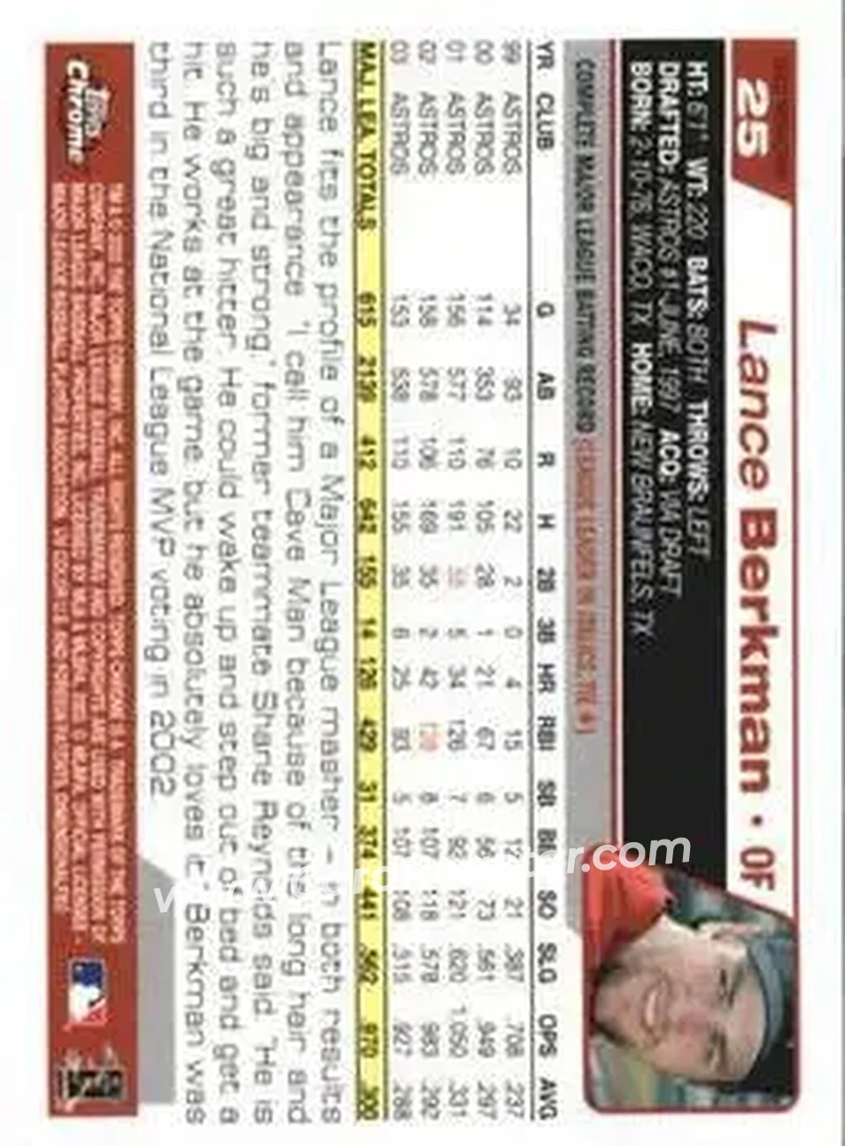 2004 Topps Chrome - Gold Refractors #25 - Lance Berkman - Houston Astros - Back
