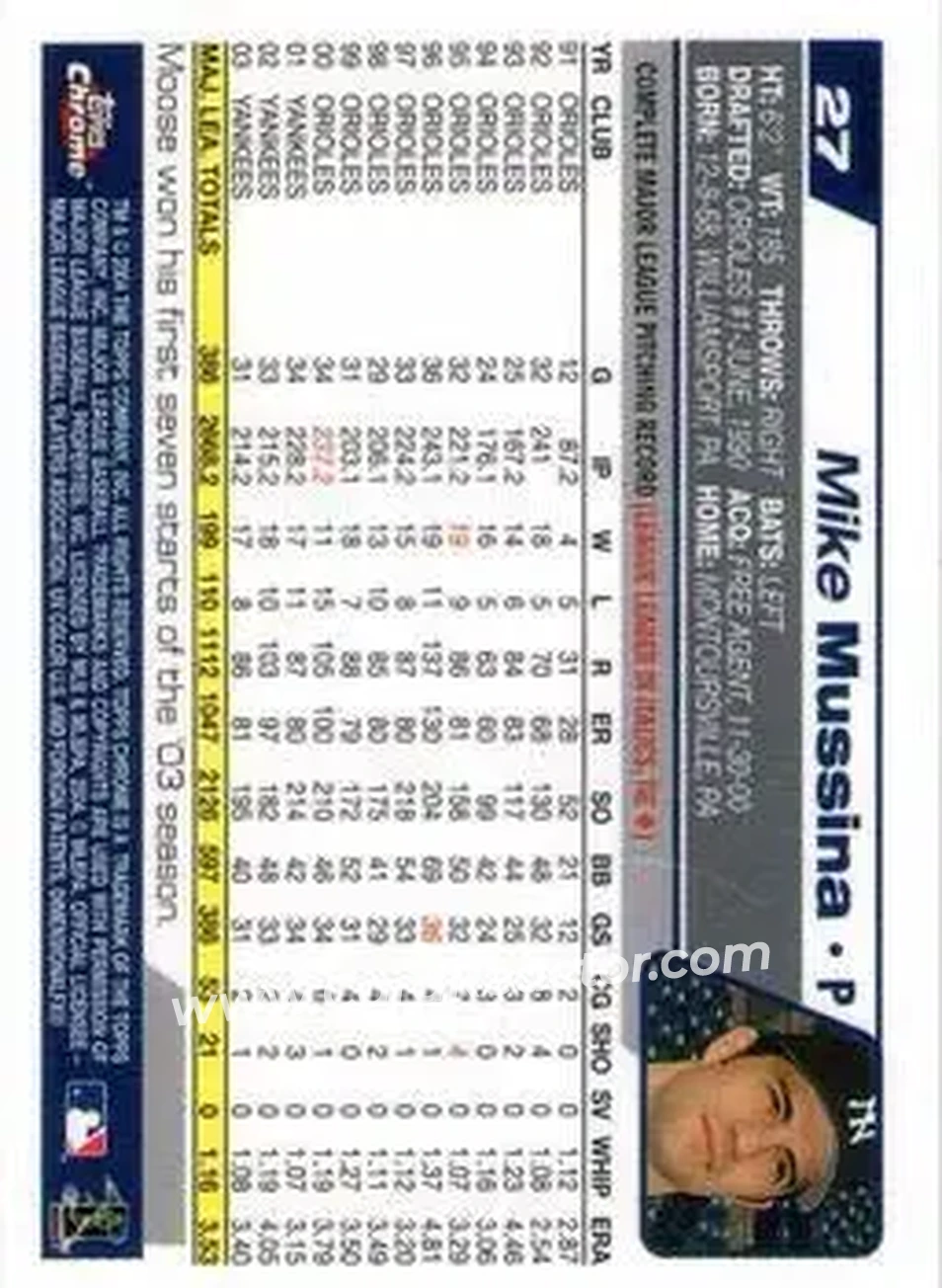 2004 Topps Chrome - Gold Refractors #27 - Mike Mussina - New York Yankees - Back