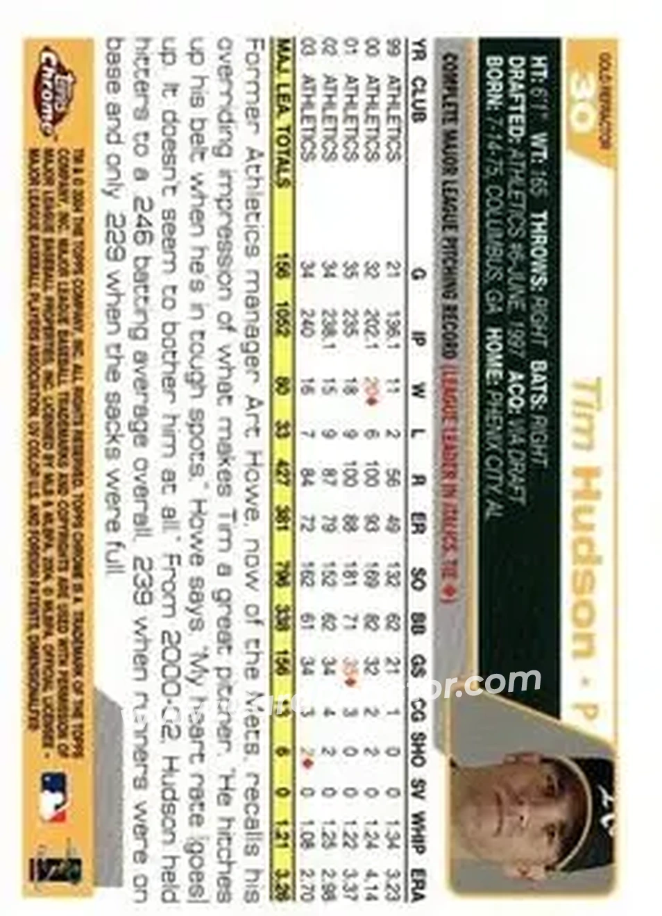 2004 Topps Chrome - Gold Refractors #30 - Tim Hudson - Oakland Athletics - Back