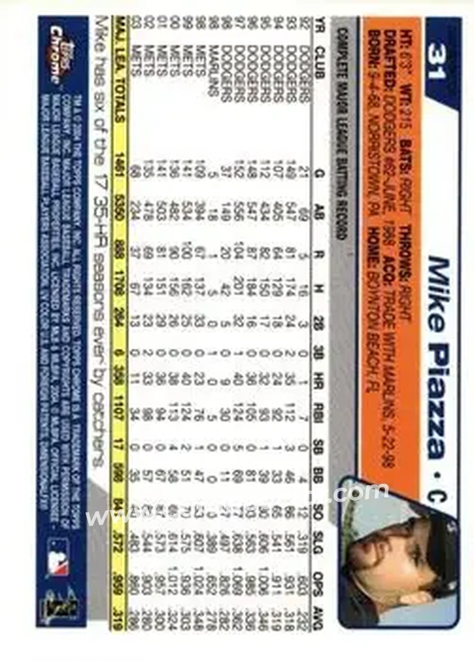 2004 Topps Chrome - Gold Refractors #31 - Mike Piazza - New York Mets - Back