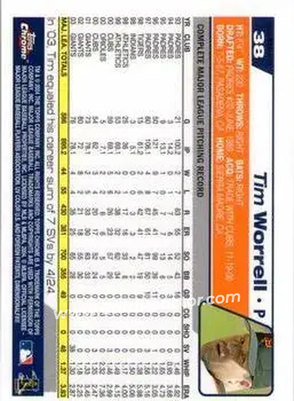 2004 Topps Chrome - Gold Refractors #38 - Tim Worrell - San Francisco Giants - Back
