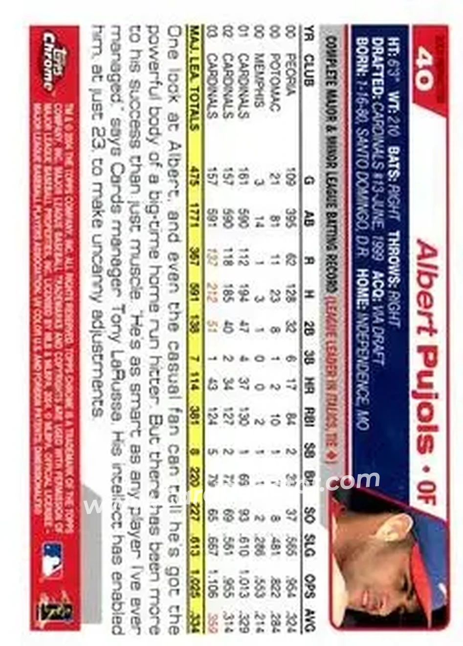 2004 Topps Chrome - Gold Refractors #40 - Albert Pujols - St. Louis Cardinals - Back
