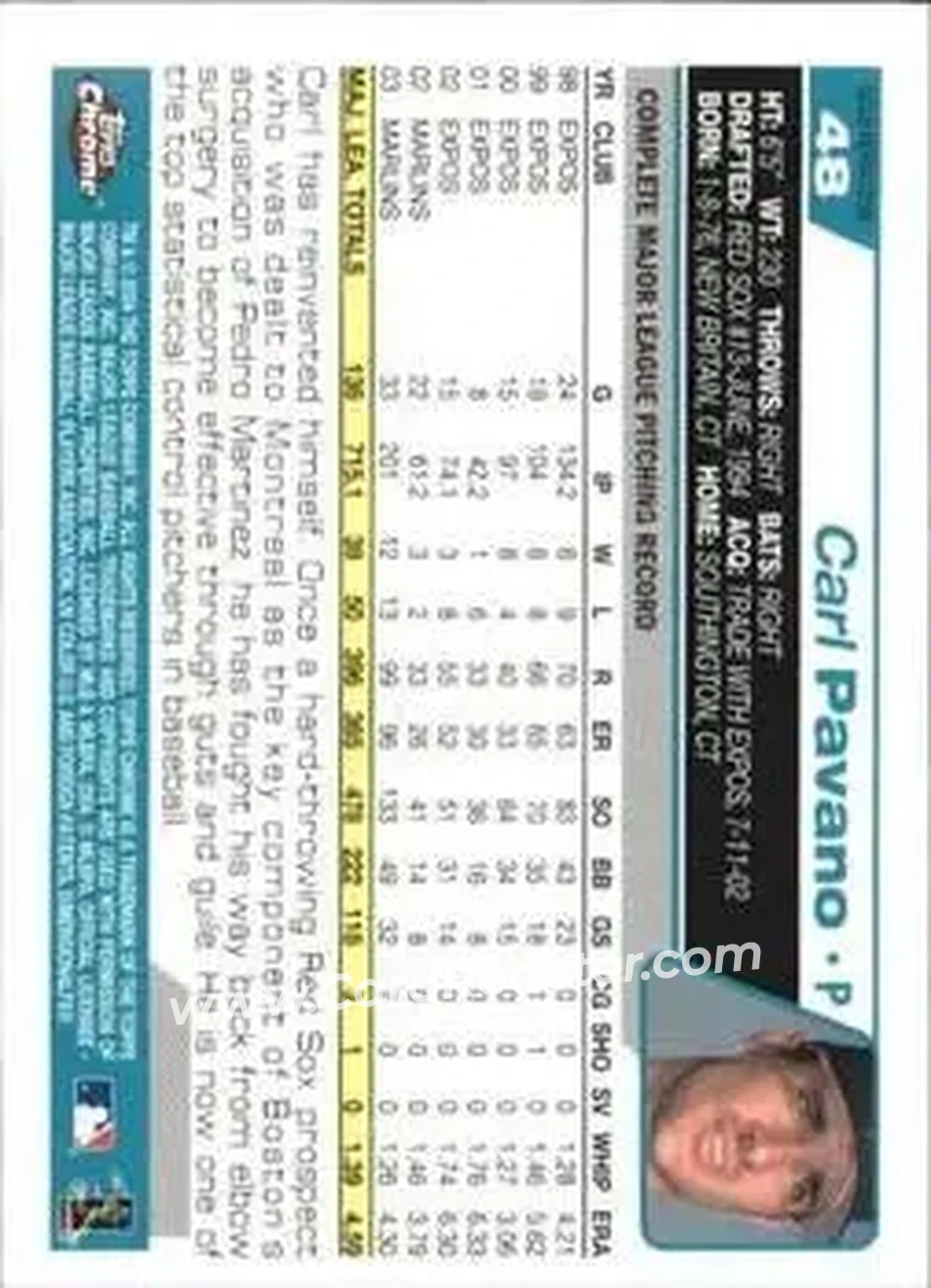 2004 Topps Chrome - Gold Refractors #48 - Carl Pavano - Florida Marlins - Back