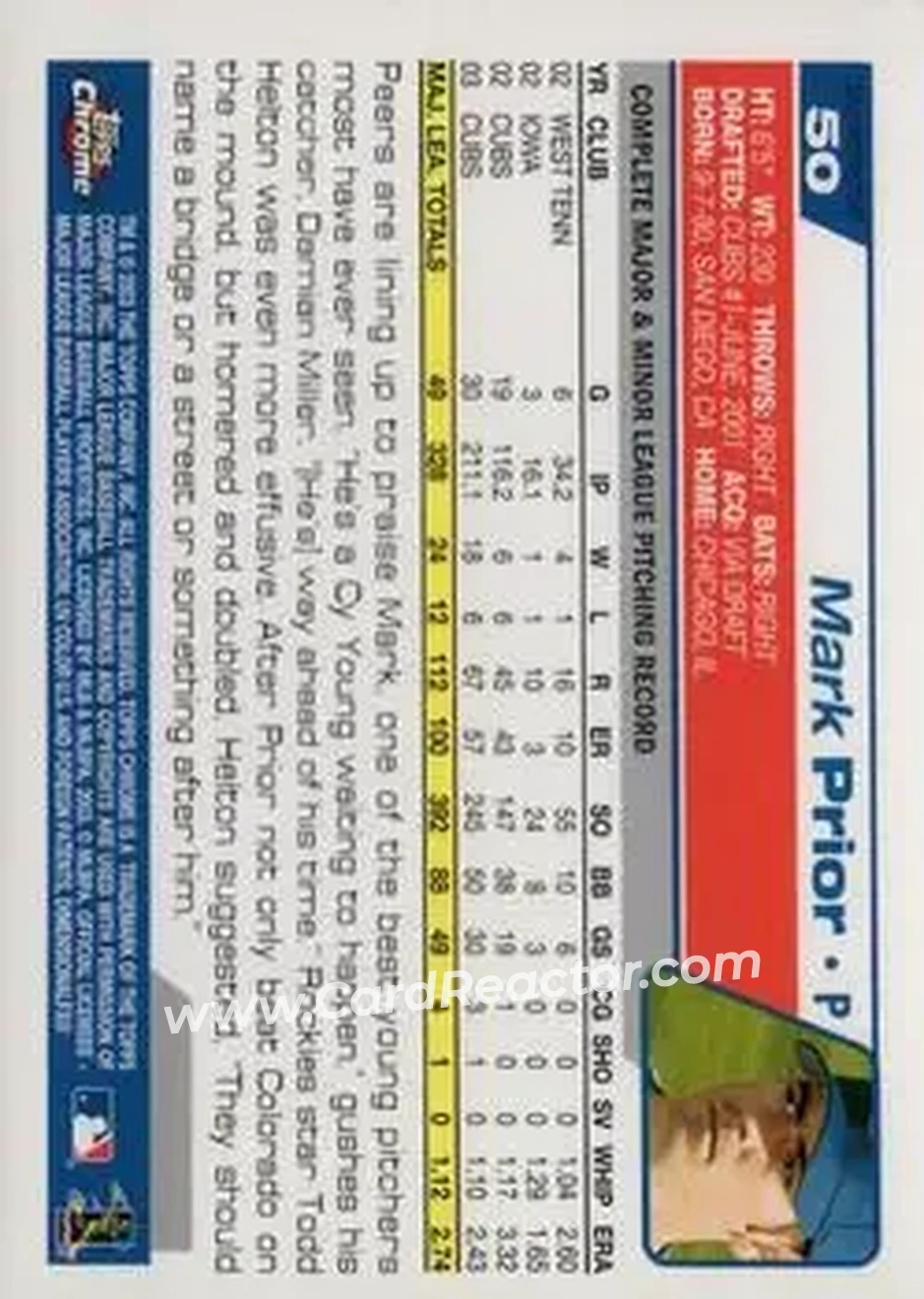 2004 Topps Chrome - Gold Refractors #50 - Mark Prior - Chicago Cubs - Back