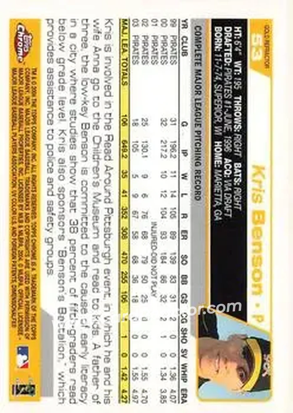 2004 Topps Chrome - Gold Refractors #53 - Kris Benson - Pittsburgh Pirates - Back