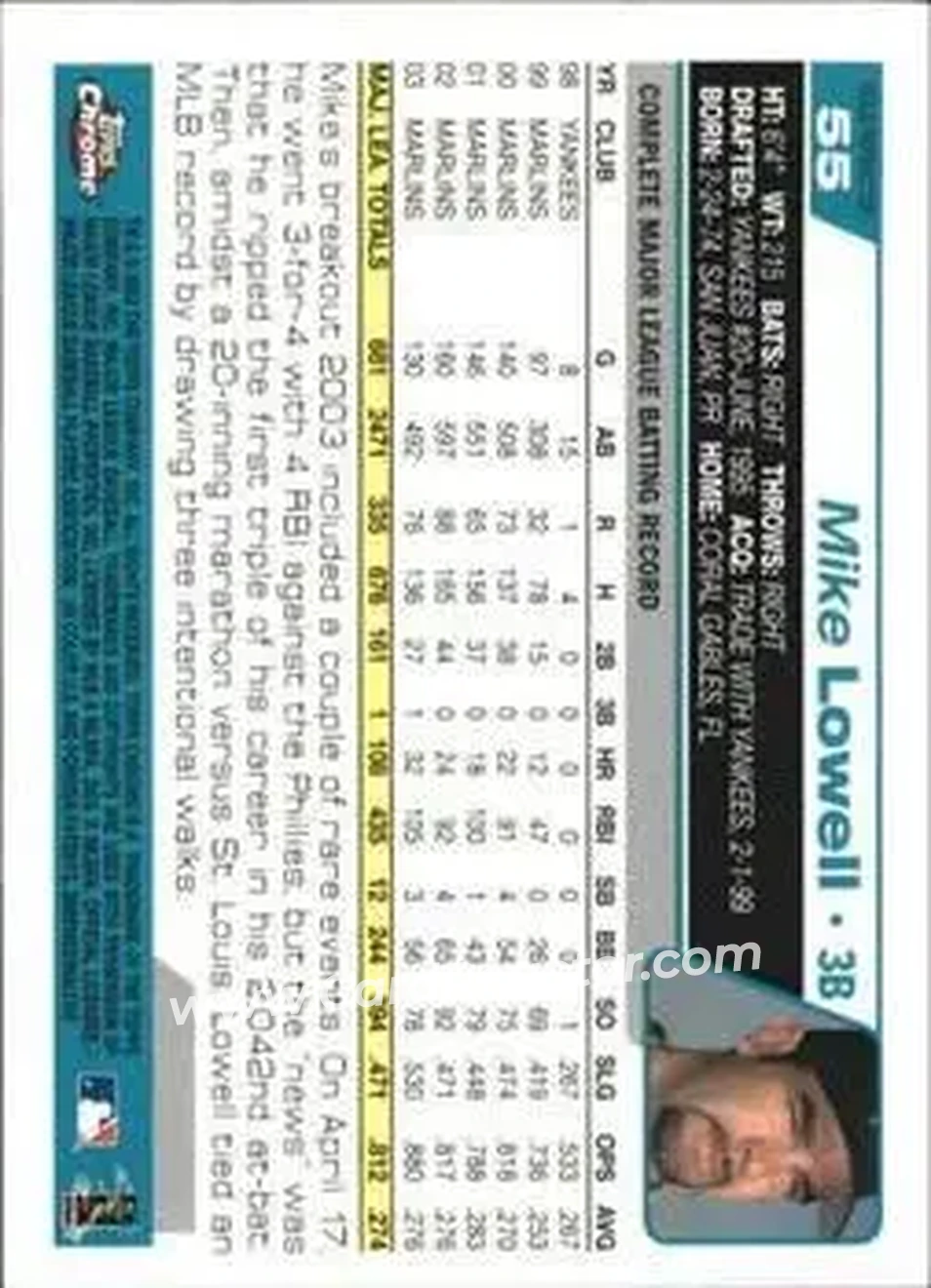 2004 Topps Chrome - Gold Refractors #55 - Mike Lowell - Florida Marlins - Back