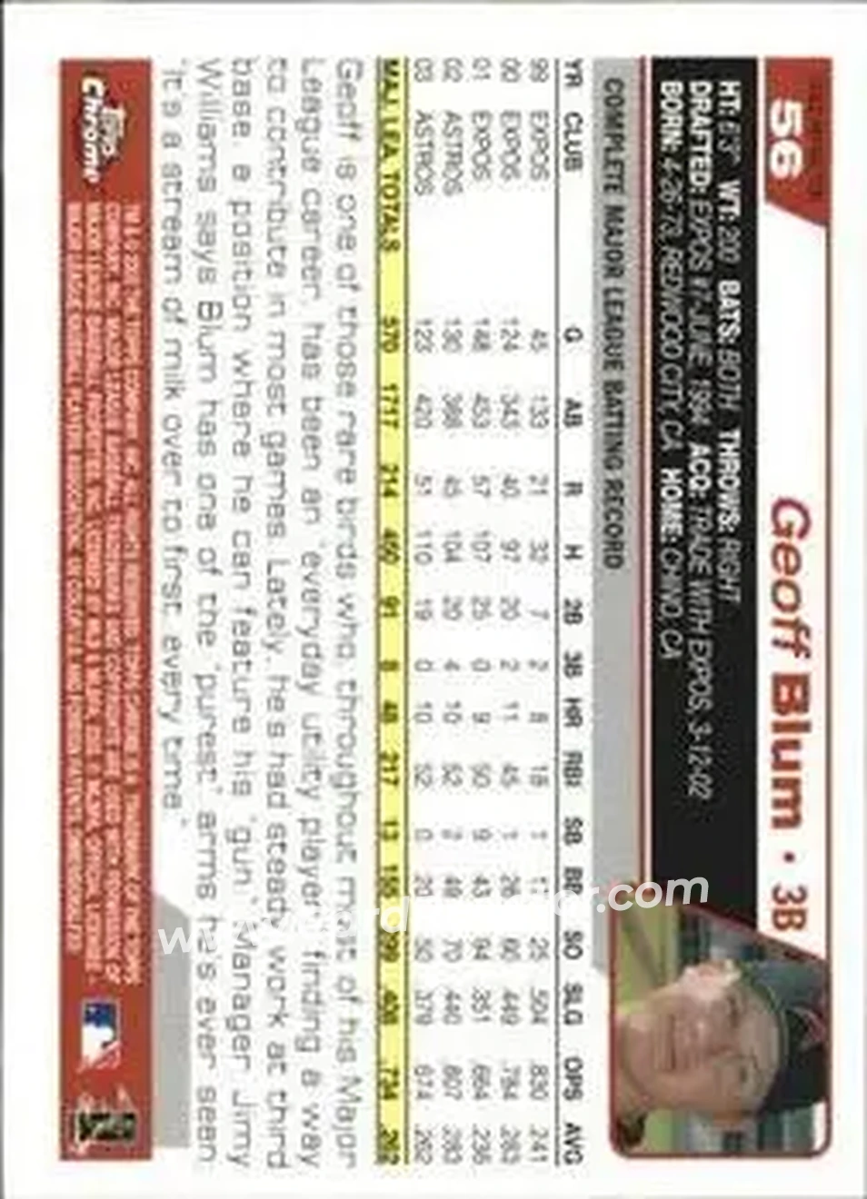 2004 Topps Chrome - Gold Refractors #56 - Geoff Blum - Houston Astros - Back